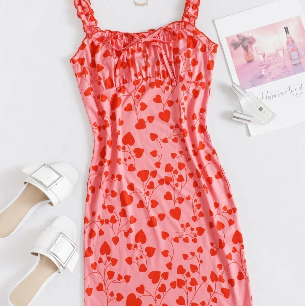 XS Shein Runched Milkmaid Pink Bodycon Dress with Red Hearts and Ruffled Straps